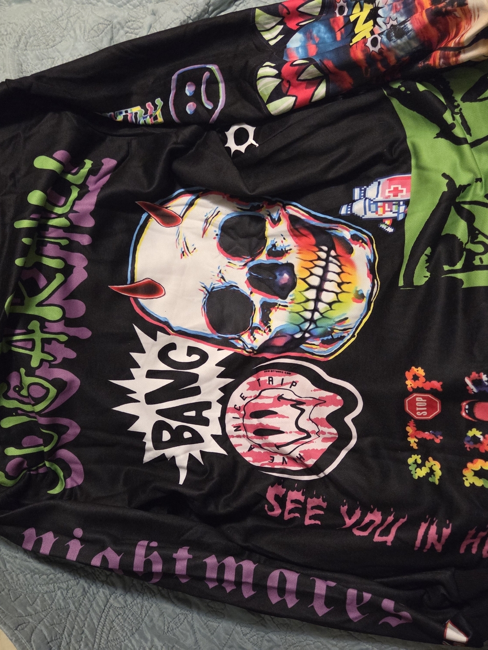 Black Graphic Performance Hoodie with Multicolor Anime Panels - Picture 7 of 11